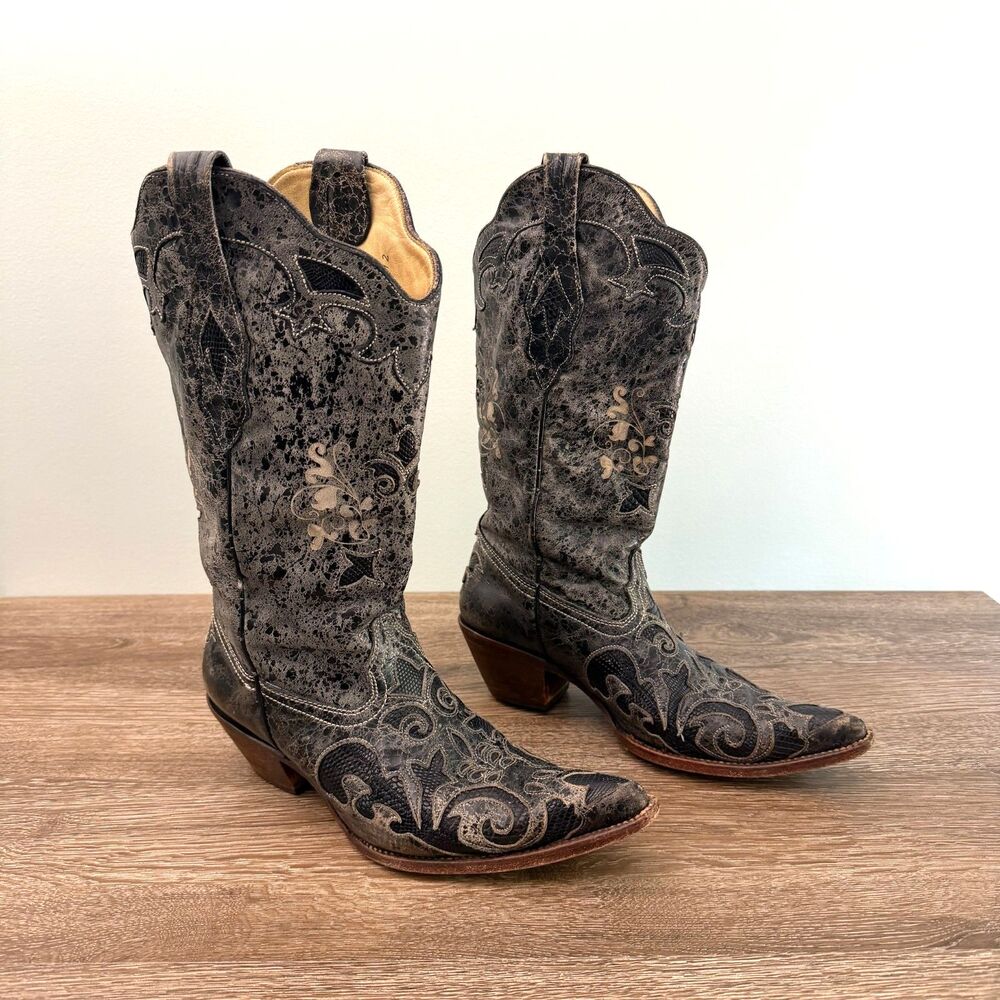 Corral C2108 Boots Women's 9M Vintage Black Genuine Lizard Inlay Western Snip